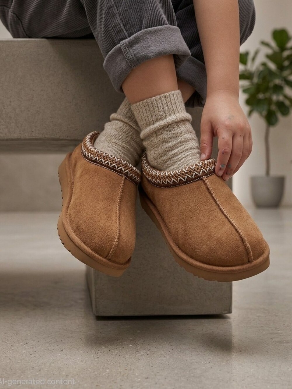 UGG Kids Tasman Slipper Chestnut Suede Sheepskin Size 3 Y / Women's 5 (1019066K)